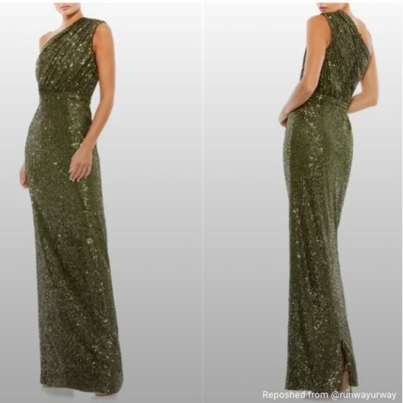 MAC DUGGAL 26694 SEQUINED RUCHED ONE SHOULDER OLIVE GOWN sz 8 - Picture 1 of 6